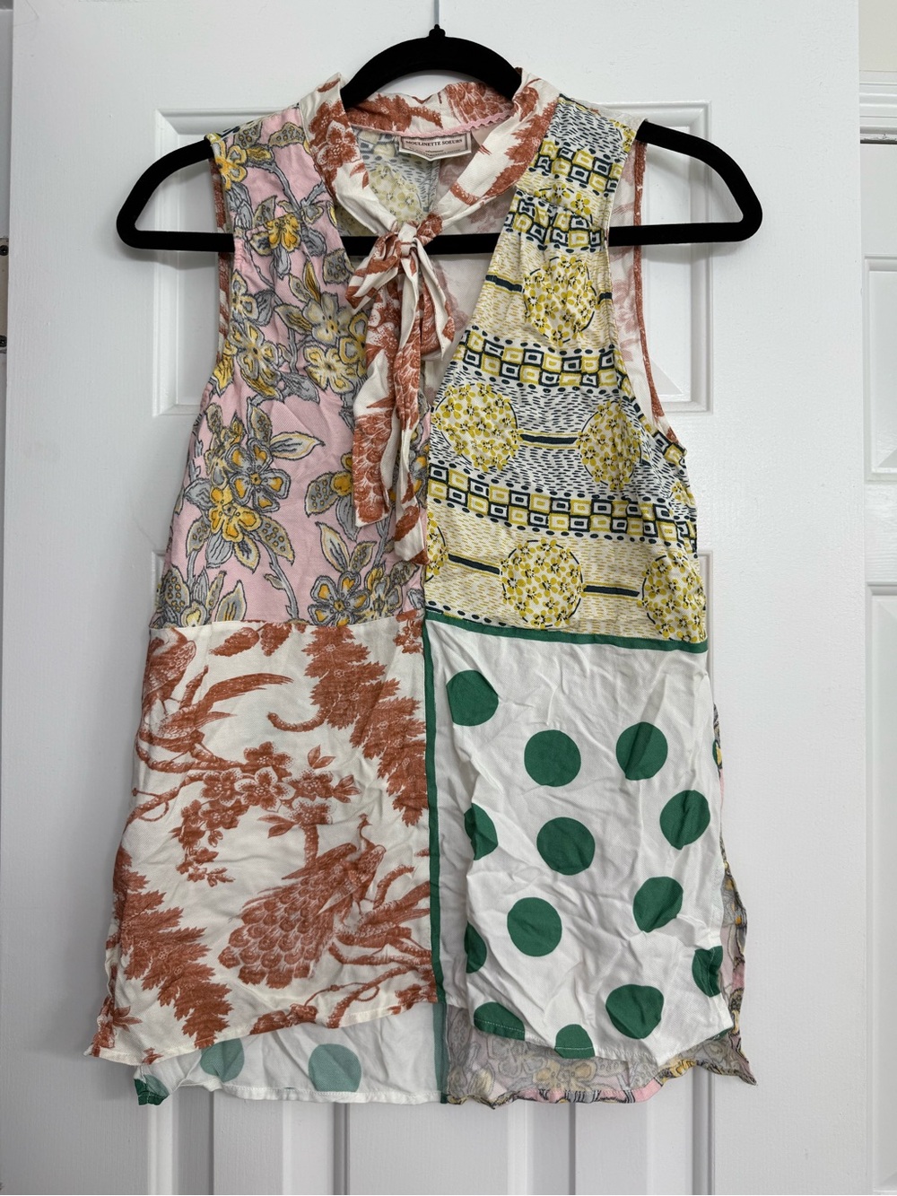 Moulinette Soeurs Cream, Rust and Yellow Patchwork Neck-Tie Top